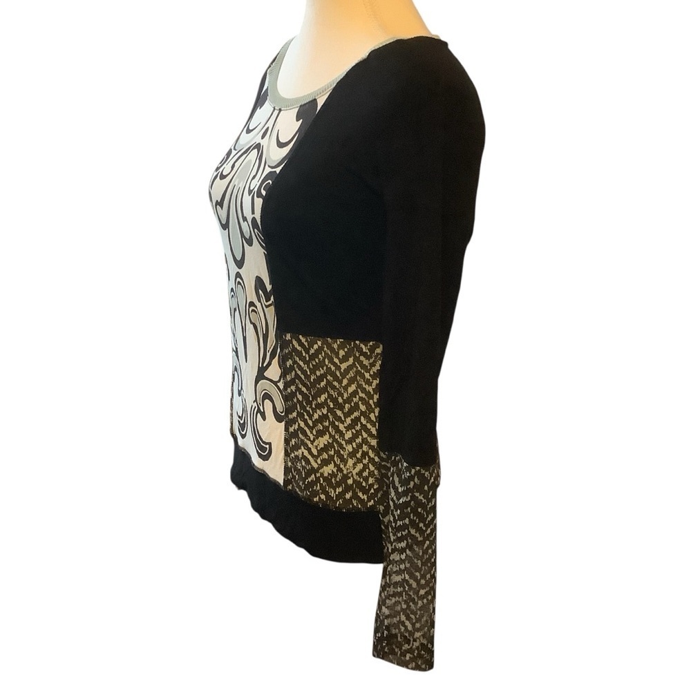 BANDOLERA BLACK & WHITE PATTERNED LONG SLEEVE SHEER PANELS TOP/ Size M (EUR 42) - Picture 2 of 10
